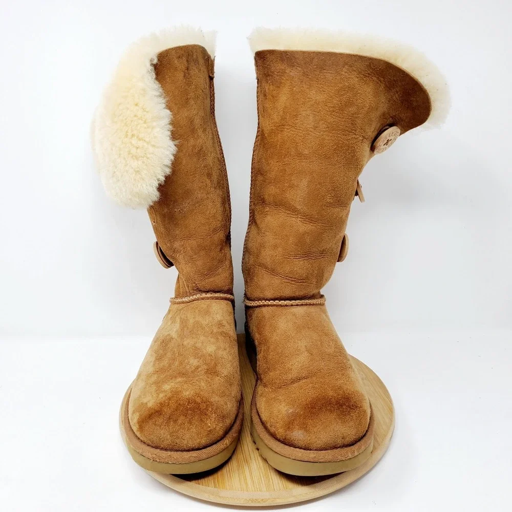 UGG Bailey Triplet Womens 6 Boot Chestnut Brown Suede Tall Winter Button Pull On